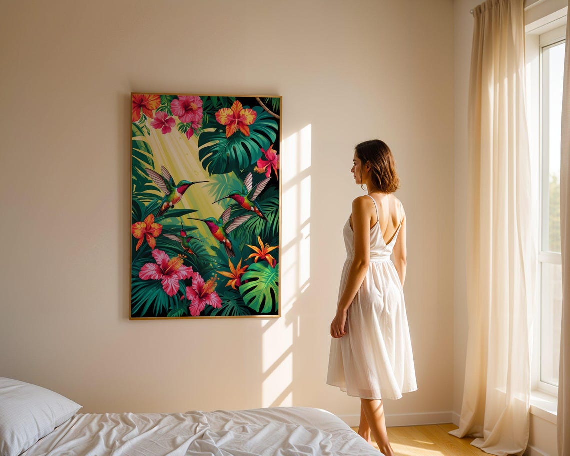Tropical Hummingbirds And Hibiscus Blooms Among Sunlit Leaves Poster - Image 4