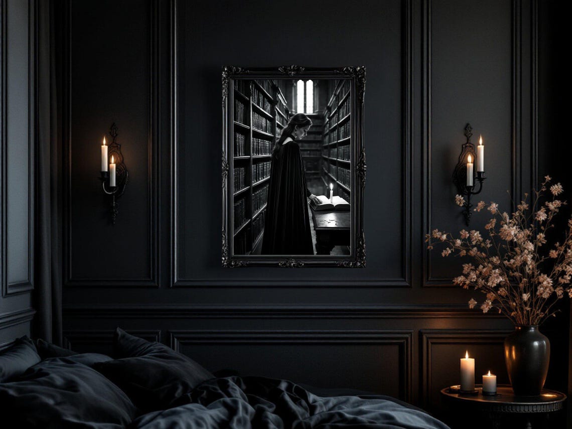 Cloaked Woman Reading by Candlelight in Gothic Library Poster - Image 3