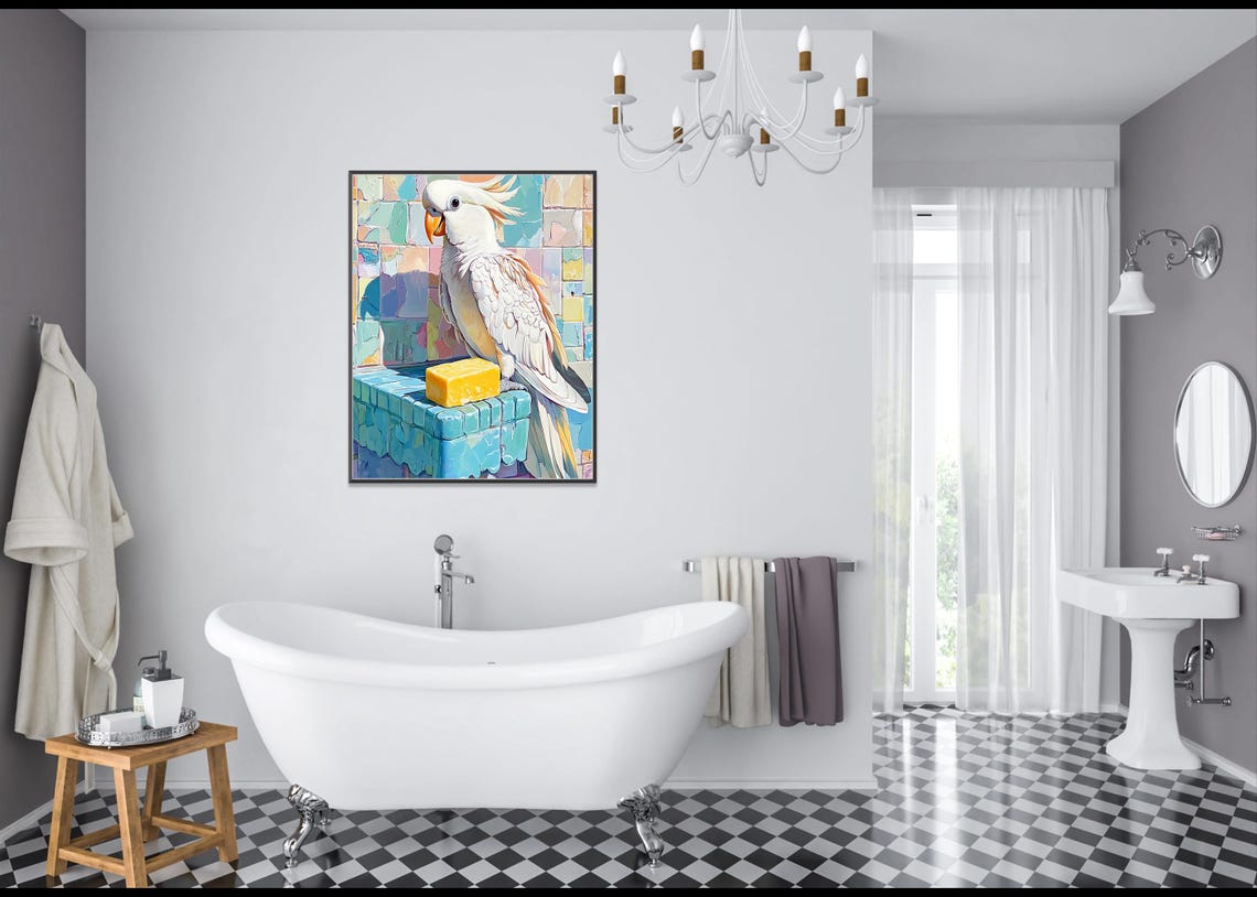 White Cockatoo Perched On Mosaic Tile Ledge With Yellow Soap Poster - Image 3