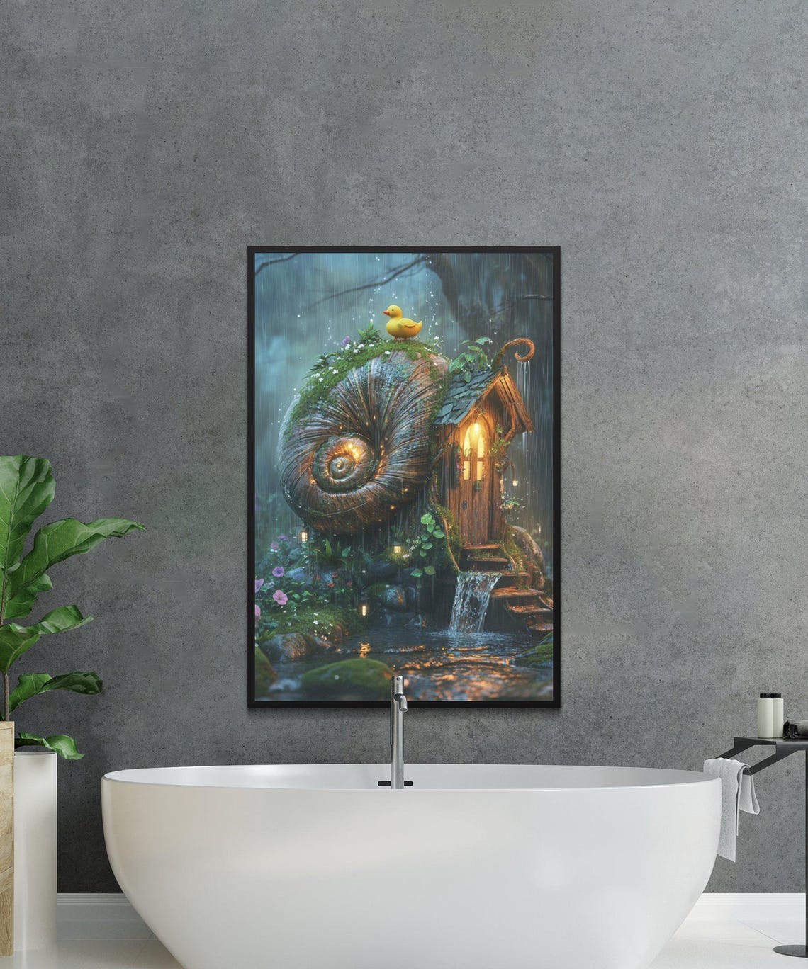 Enchanted Snail Shell Cottage in a Rainy Forest Fantasy Art Print - Image 2