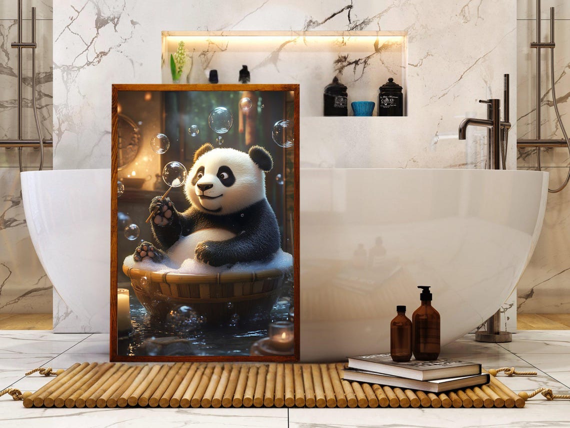 Cute Panda Blowing Bubbles in a Wooden Soaking Bathtub Poster - Image 5