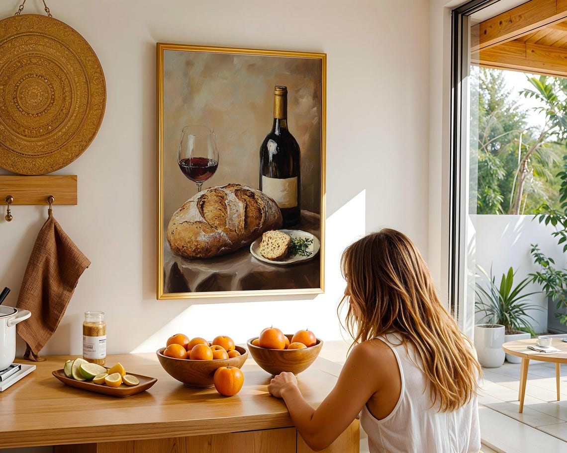 Rustic Red Wine with Crusty Bread Still Life Painting Poster - Image 4