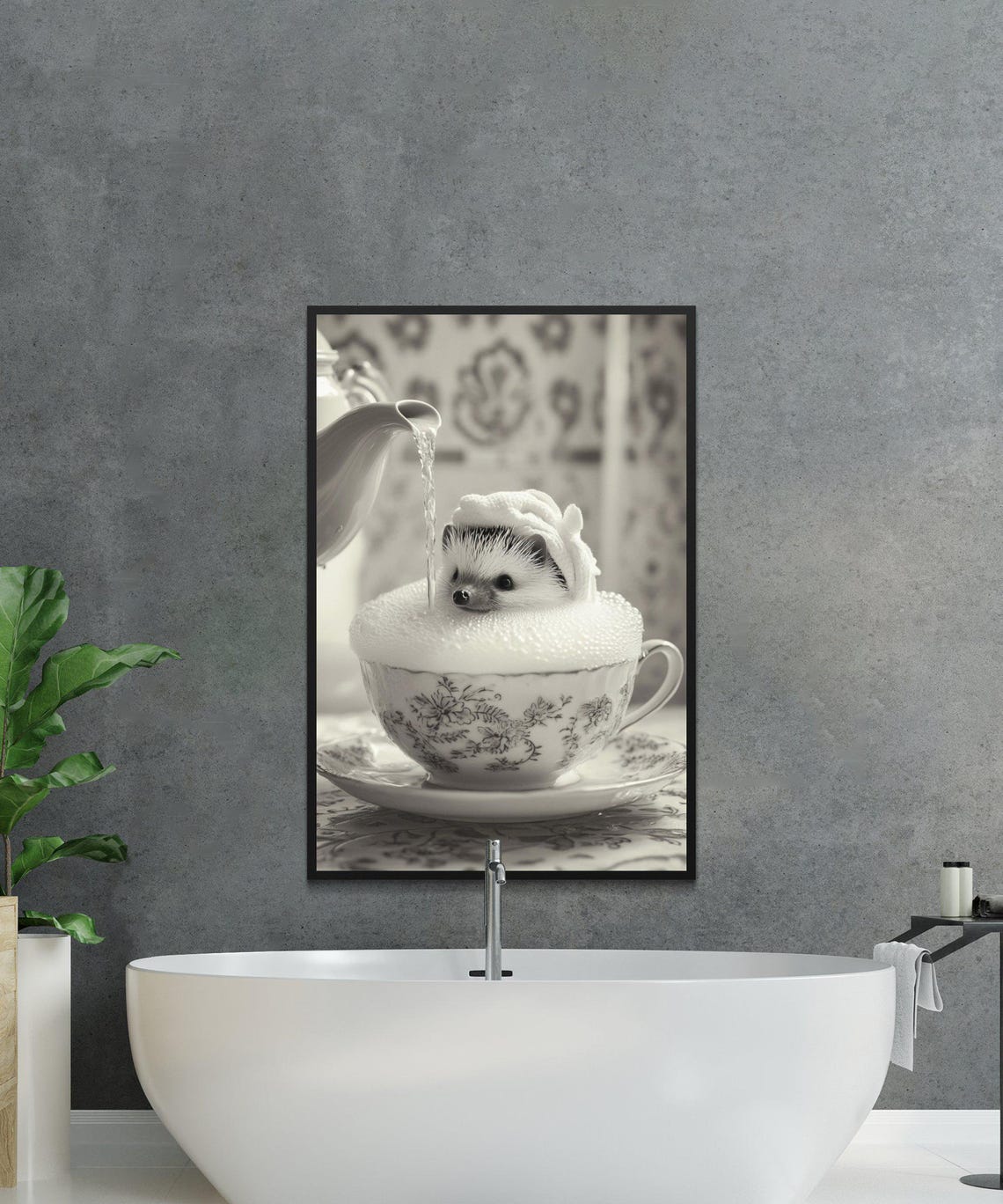 Tiny Hedgehog Bathing in a Teacup Black and White Photo Print - Image 2