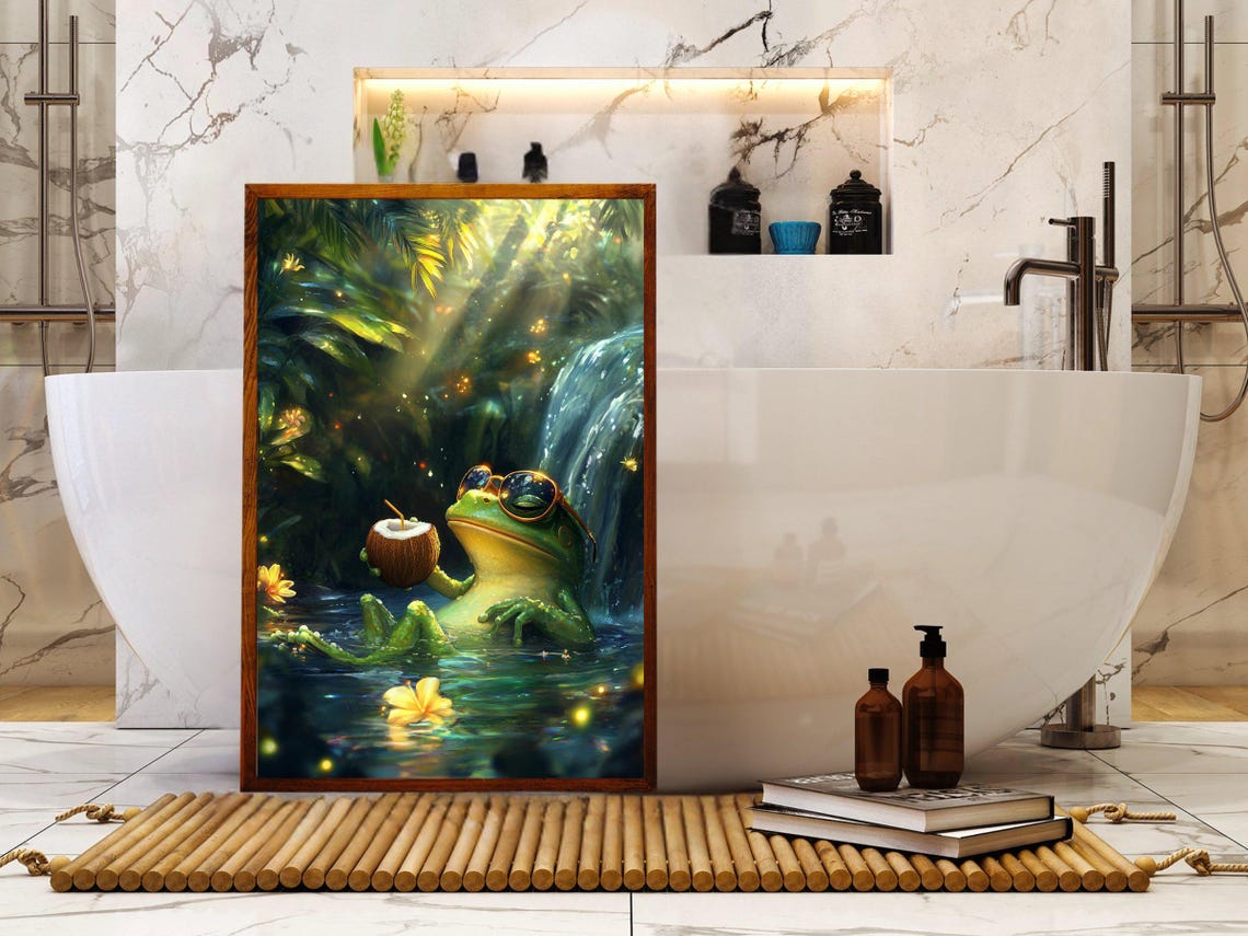 Relaxed Frog With Sunglasses Sipping Coconut by Waterfall Poster - Image 5
