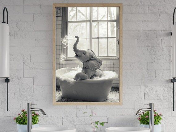 Baby Elephant Blowing Bubbles in a Tub Black White Photo Poster