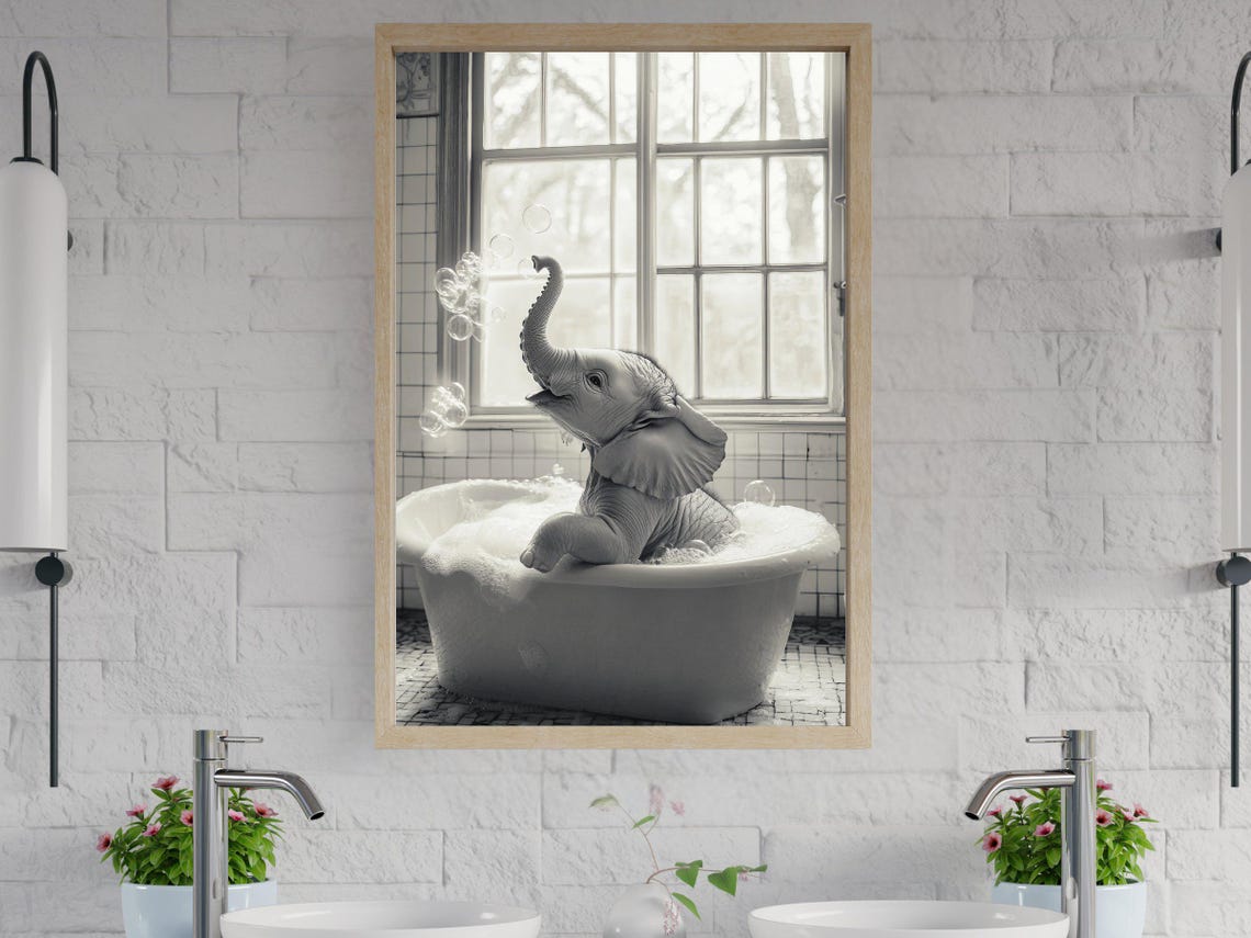 Baby Elephant Blowing Bubbles in a Tub Black White Photo Poster
