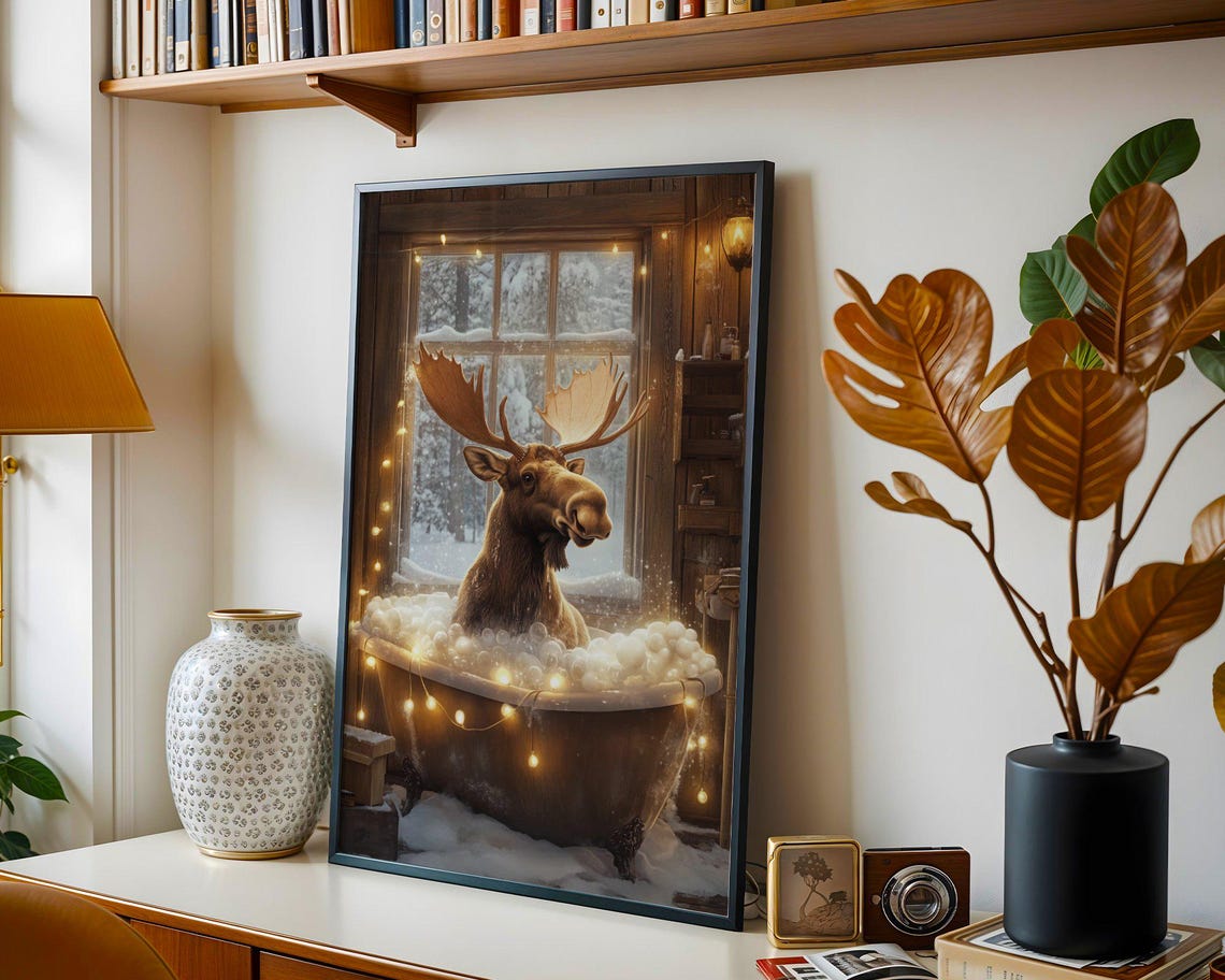 Moose in a Bubble Bath by a Snowy Cabin Window Winter Poster - Image 4