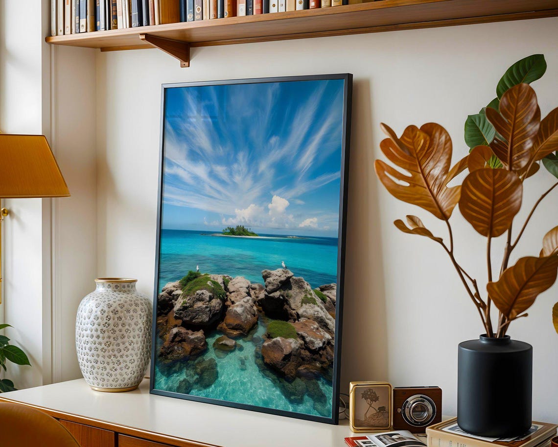 Rocky Shore With Crystal Water and Distant Green Island Poster - Image 3