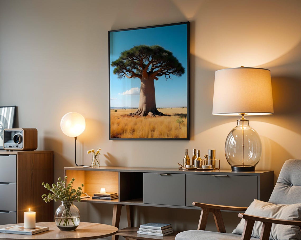 Lone Baobab Tree Standing in Golden African Savanna Field Poster - Image 5