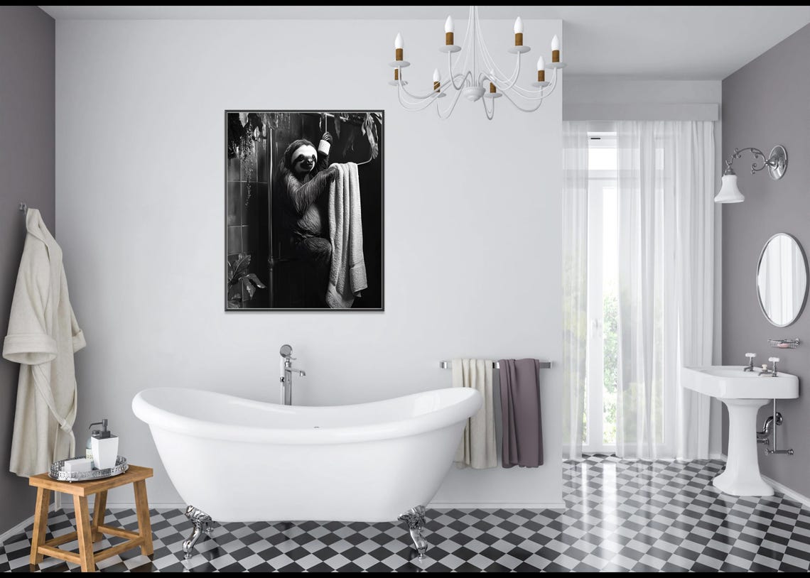 Sloth Hanging In Shower Holding Towel Black And White Poster - Image 3