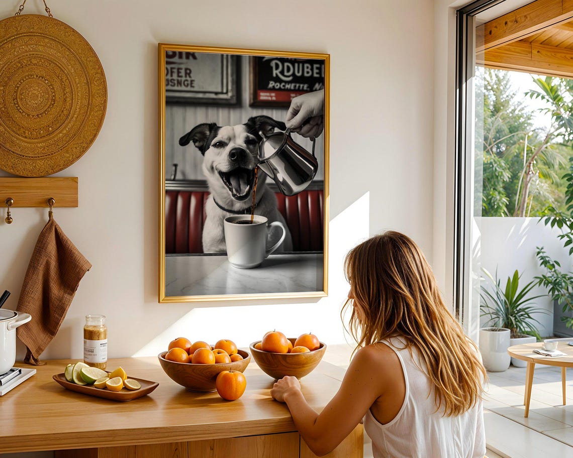 Happy Dog Watching Fresh Coffee Funny Diner Pet Humor Poster - Image 5