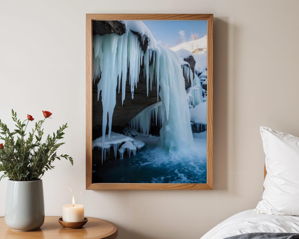 Frozen Waterfall With Long Icicles Above An Icy Pool In Winter Poster