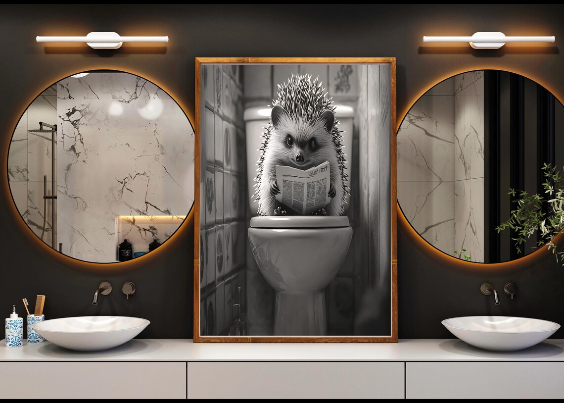 Hedgehog Sitting On Toilet Reading Newspaper Black And White Poster - Image 4