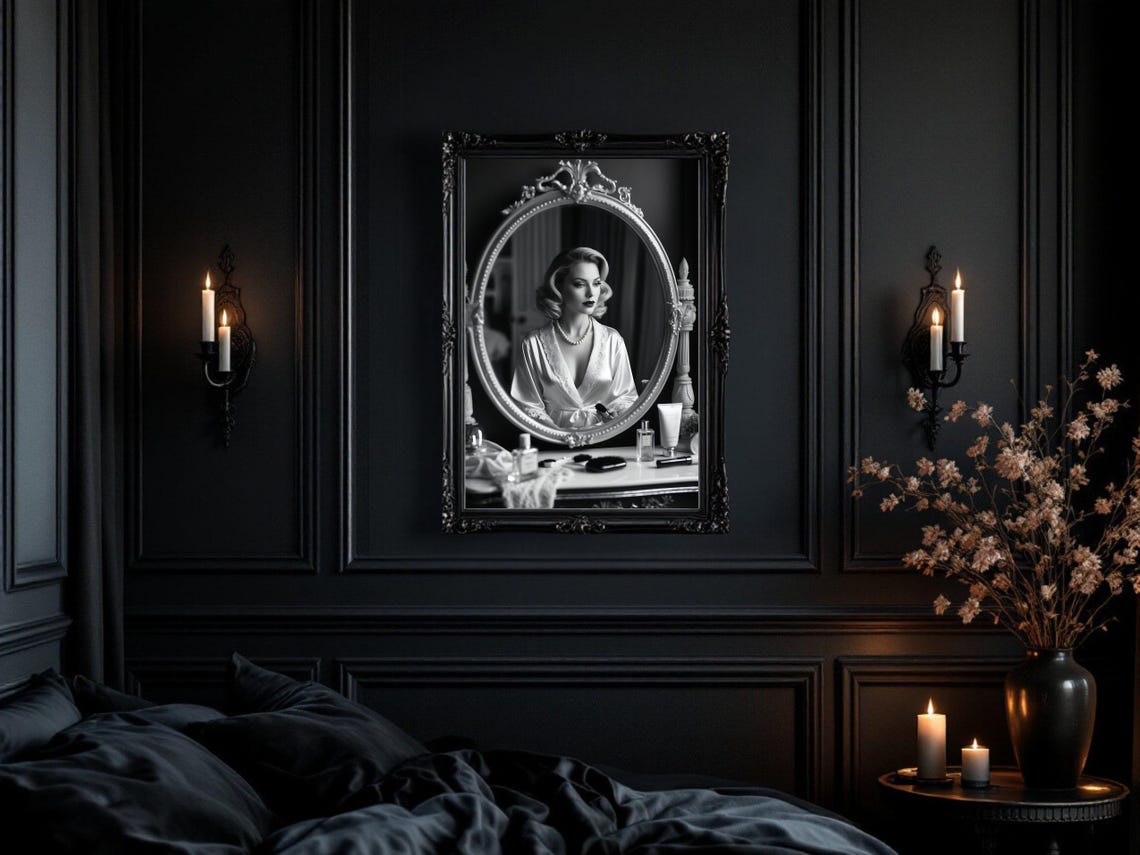 Woman in Silk Robe Reflected in Ornate Oval Vanity Mirror Poster - Image 3