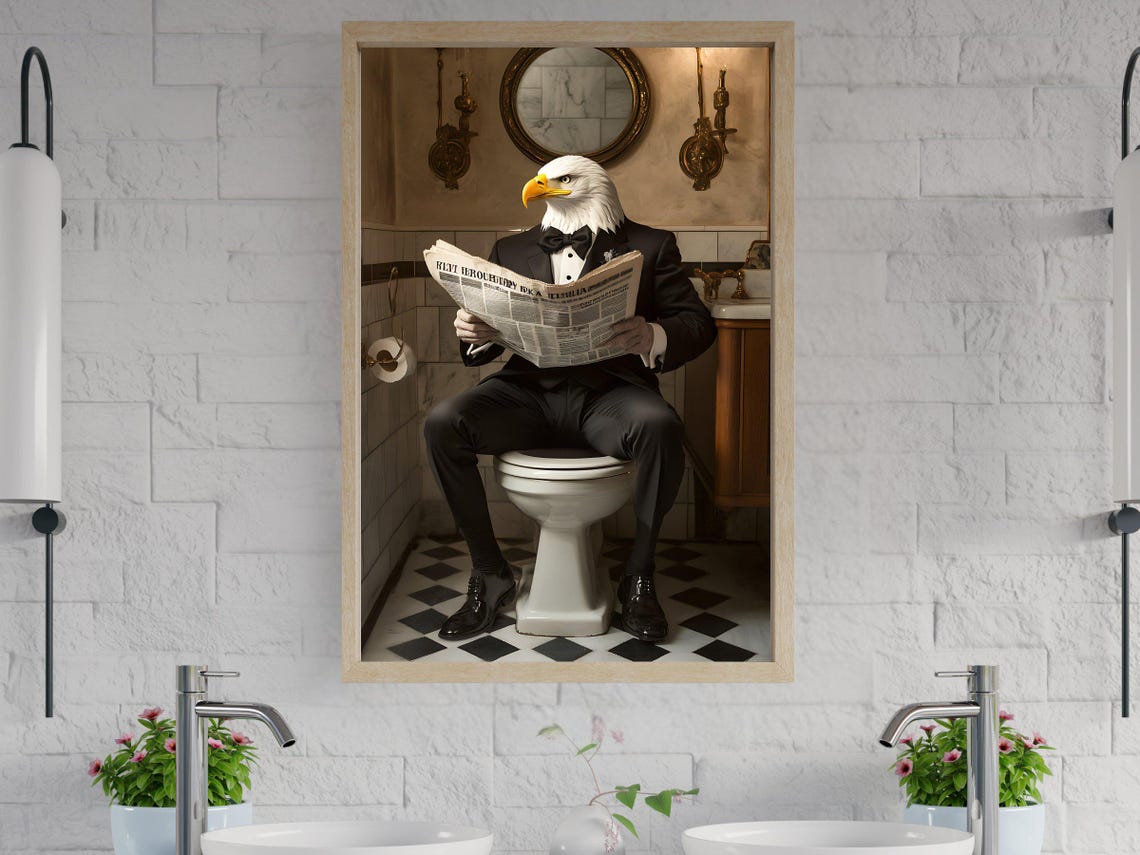 Bald Eagle In Tuxedo Reading Newspaper Funny Bathroom Animal Poster