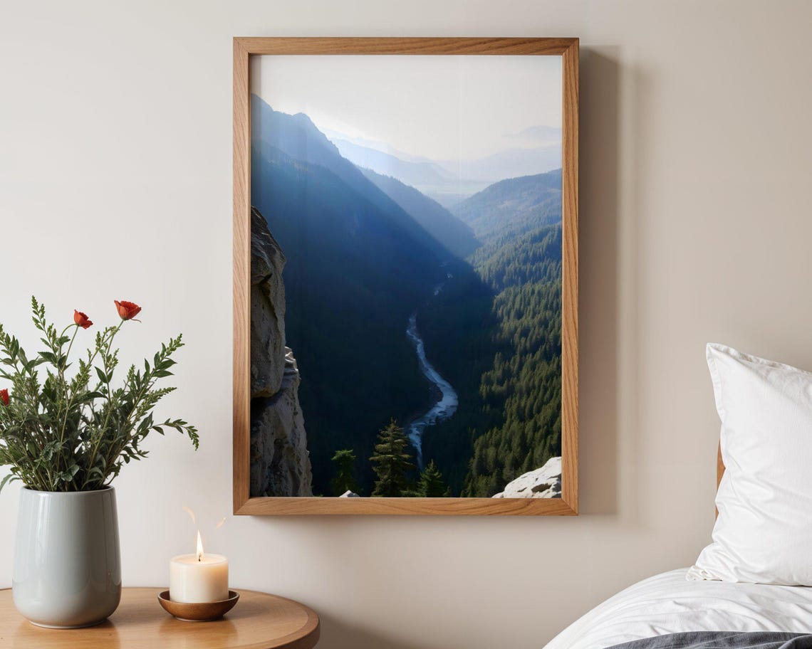 Misty Mountain Valley with a Winding River Seen from a Cliff Poster