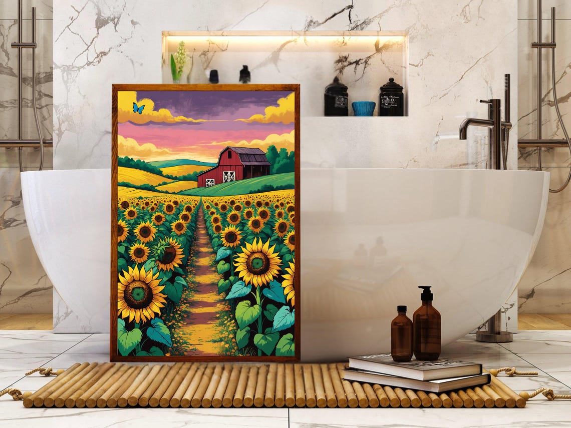 Sunflower Field Path Red Barn Golden Hour Farm Sunset Art Print - Image 5