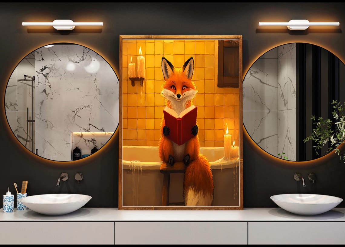 Red Fox Reading Red Book In Candlelit Bathtub Animal Art Poster - Image 4