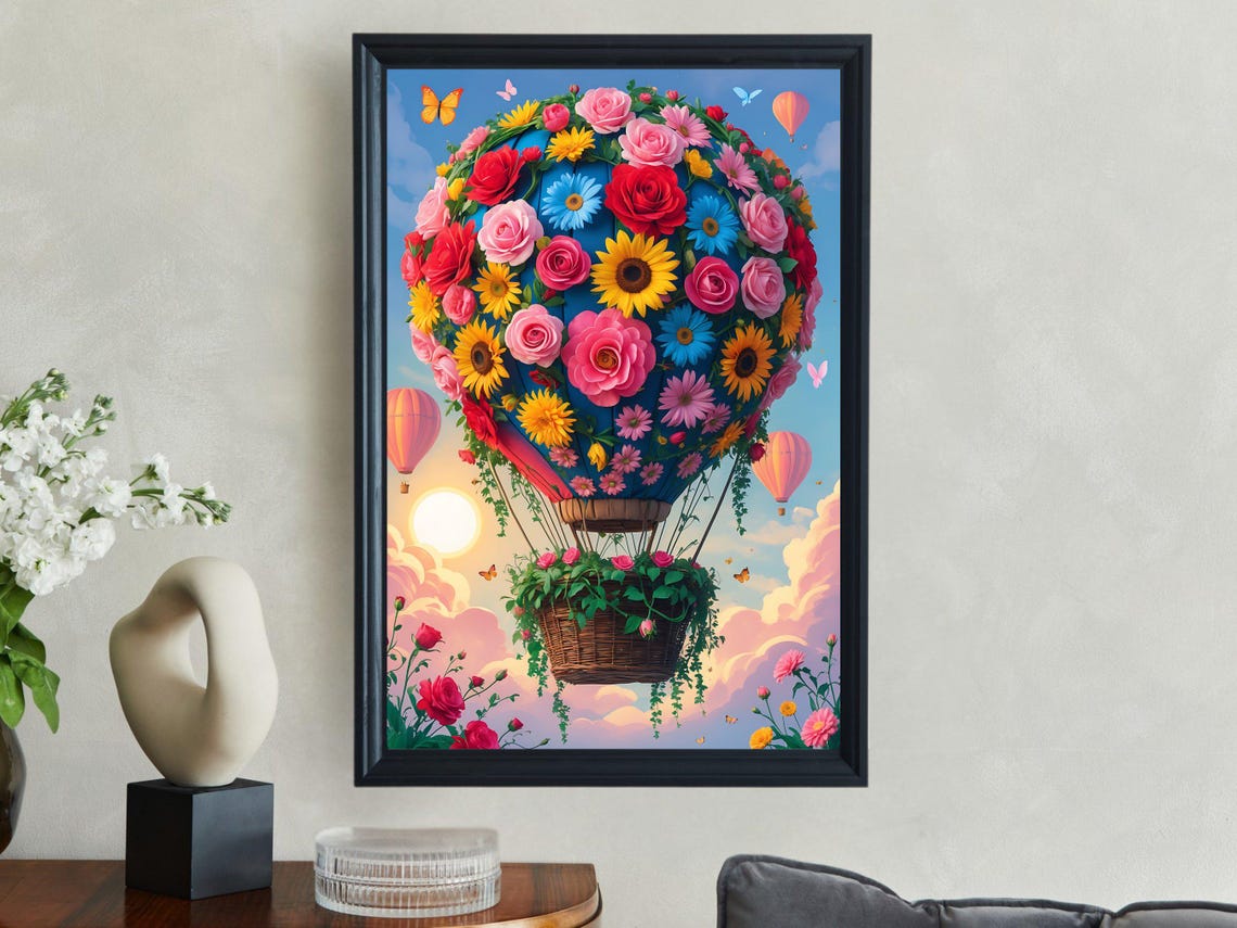 Hot Air Balloon Covered In Colorful Flowers Drifting At Sunrise Poster