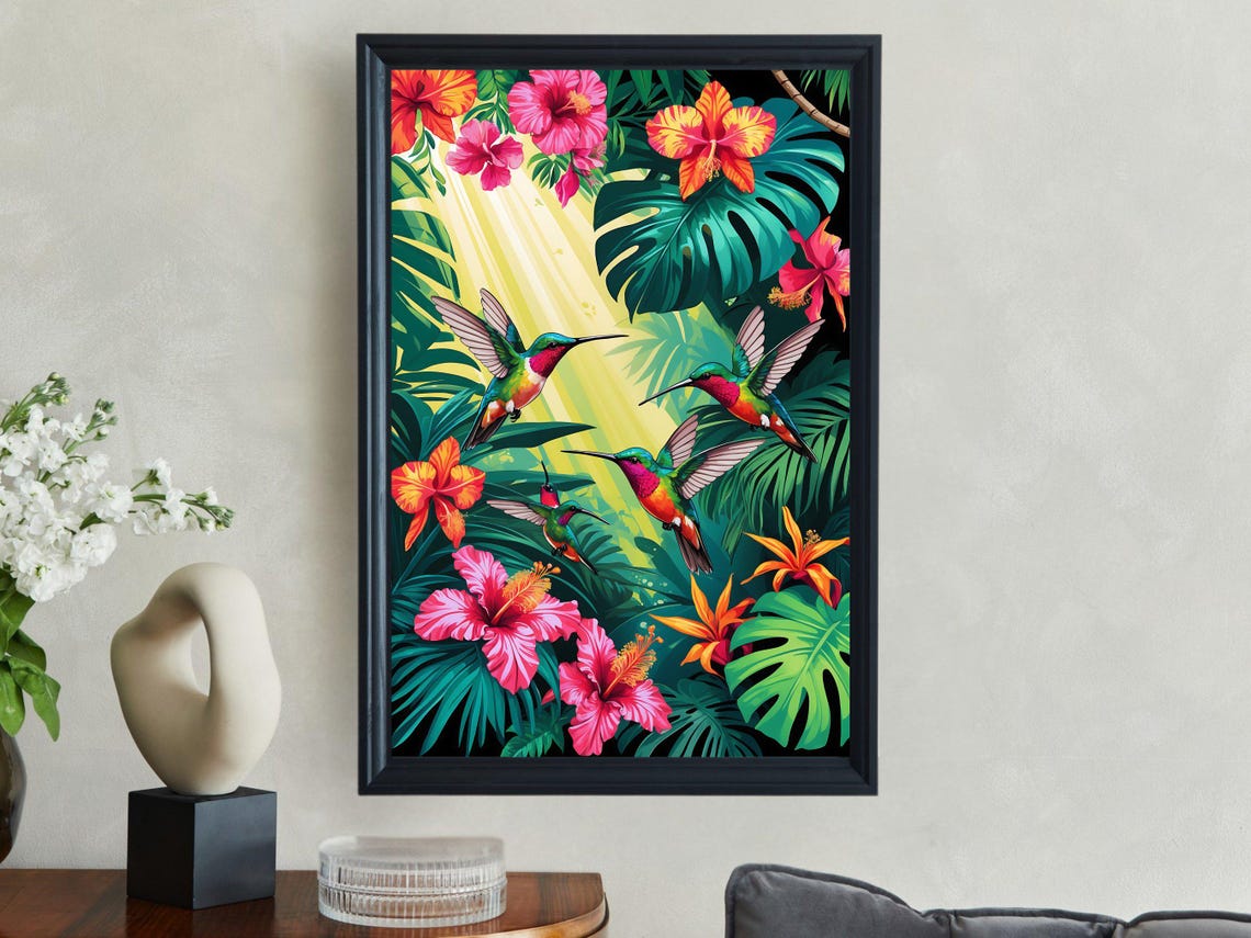 Tropical Hummingbirds And Hibiscus Blooms Among Sunlit Leaves Poster