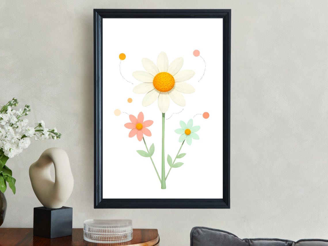 White Daisy and Pastel Flowers Minimalist Botanical Art Print