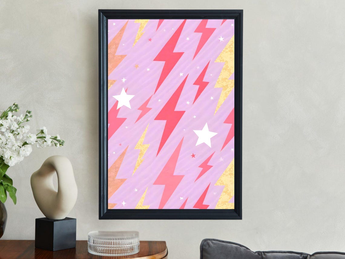 Vibrant Pink Lightning Bolt and Star Pattern Preppy Room Poster