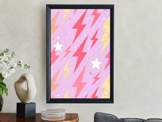 Colorful Lightning Bolts With Stars Wall Art Preppy Wall Art Playful Room Decor Vibrant Lightning Bolt Print Teen Bedroom Wall