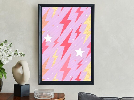 Vibrant Pink Lightning Bolt and Star Pattern Preppy Room Poster