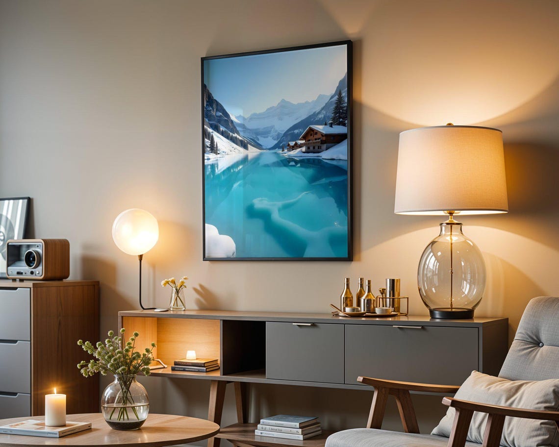 Cozy Wooden Alpine Chalet Beside Turquoise Lake in Winter Poster - Image 5