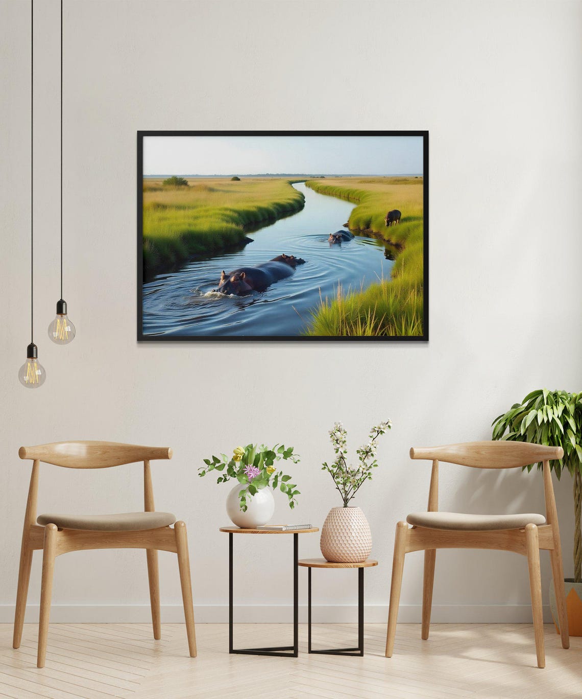 Hippos Swimming In A Winding African River Wildlife Nature Poster - Image 2