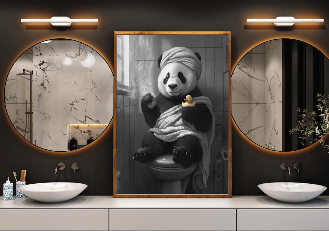 Panda in a Towel Turban Sitting on the Toilet with Rubber Duck Poster - Image 3