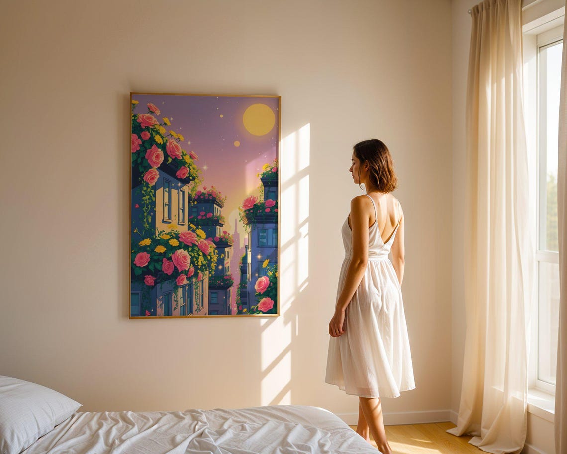 Dreamy Rose Covered City Sunset Skyline Fantasy Urban Art Print - Image 4