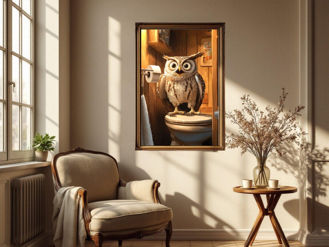 Funny Cartoon Owl Sitting on a Toilet Lid Bathroom Humor Poster - Image 4