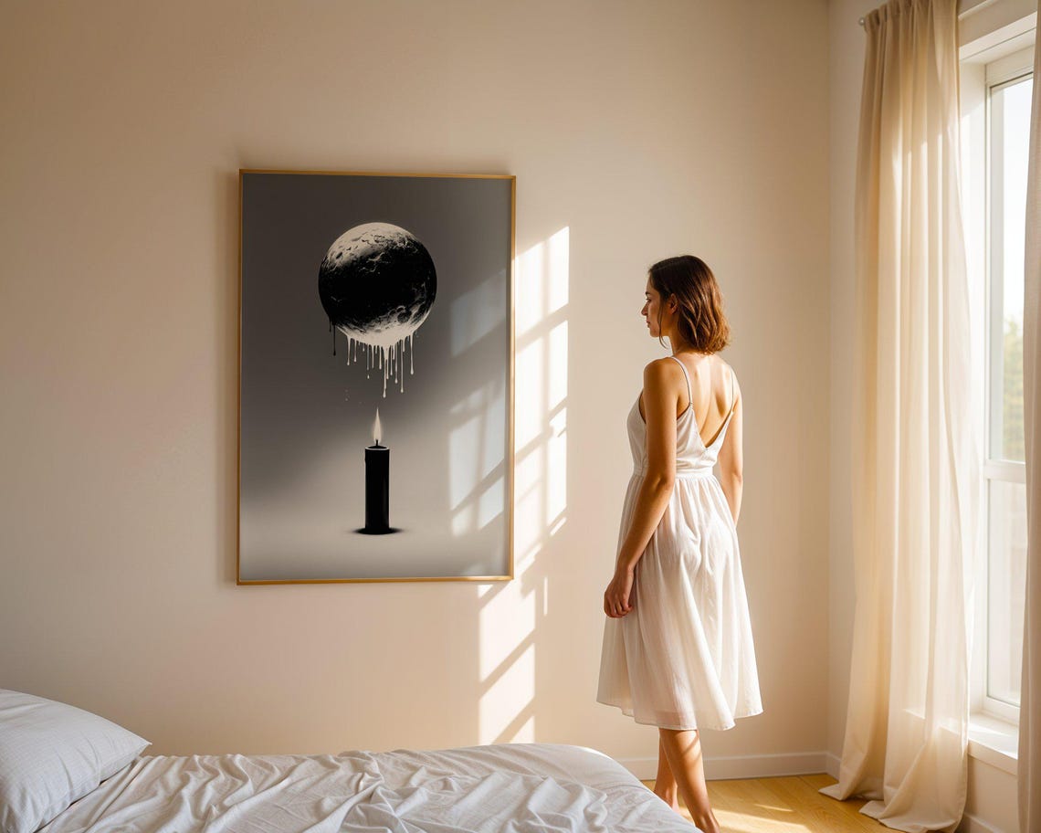 Surreal Moon And Candle Art Black And White Wall Art Dripping Moon Print Unique Lunar Art Modern Home Decor Abstract Moon Poster - Image 5