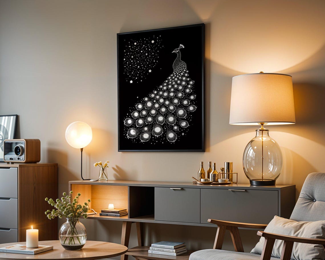 White Line Art Peacock With Starry Tail On Black Elegant Bird Poster - Image 3