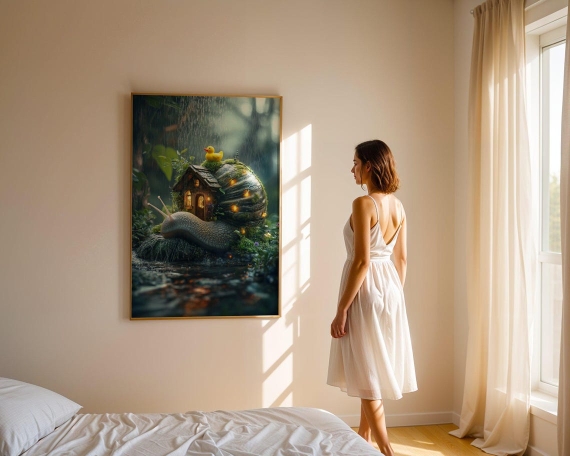 Giant Snail Carrying a Glowing Cottage in the Rain Fantasy Poster - Image 3