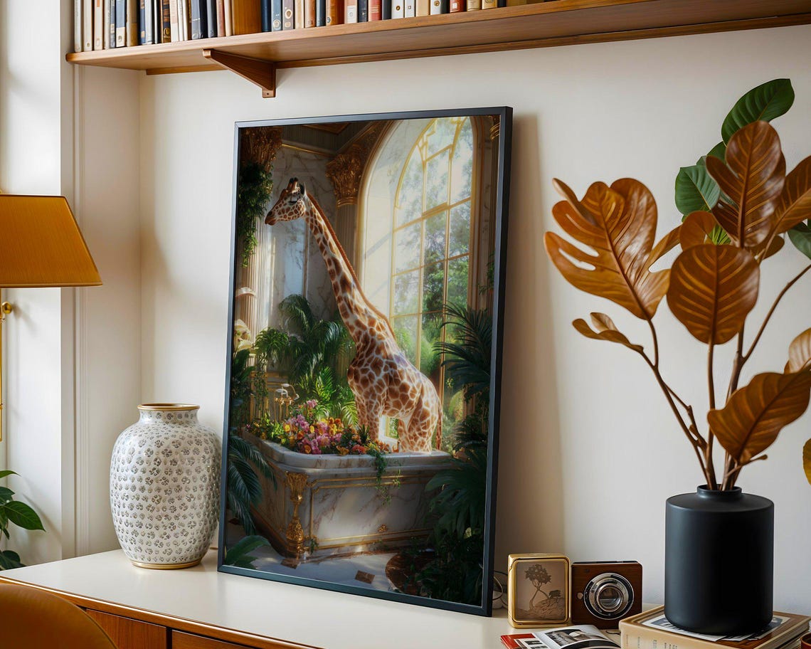 Giraffe in a Sunlit Marble Tub by Tall Arched Windows Day Poster - Image 4