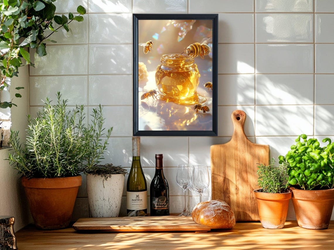 Golden Honey Jar with Honeybees Dreamy Nature Kitchen Wall Art - Image 2