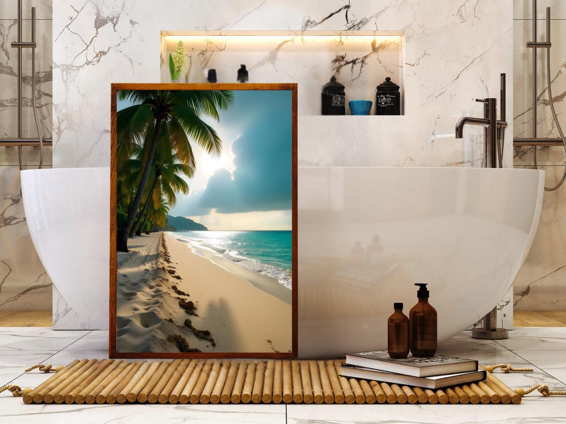 Palm Lined Sandy Beach with Footprints in Sunlit Ocean Sand Poster - Image 2
