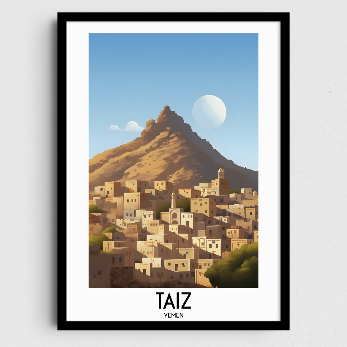 Moonlit Taiz Yemen Desert Town Beneath Rugged Mountain Poster