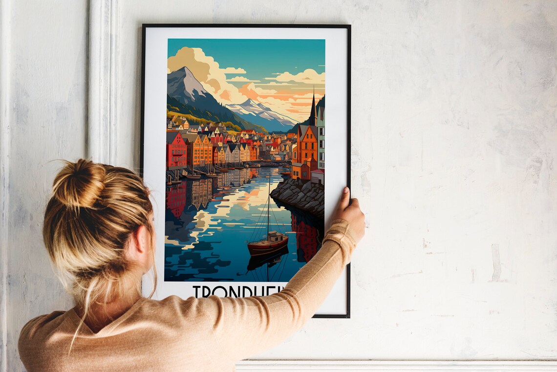 Trondheim Harbor Colorful Wharf Houses Norway Travel Art Poster - Image 2