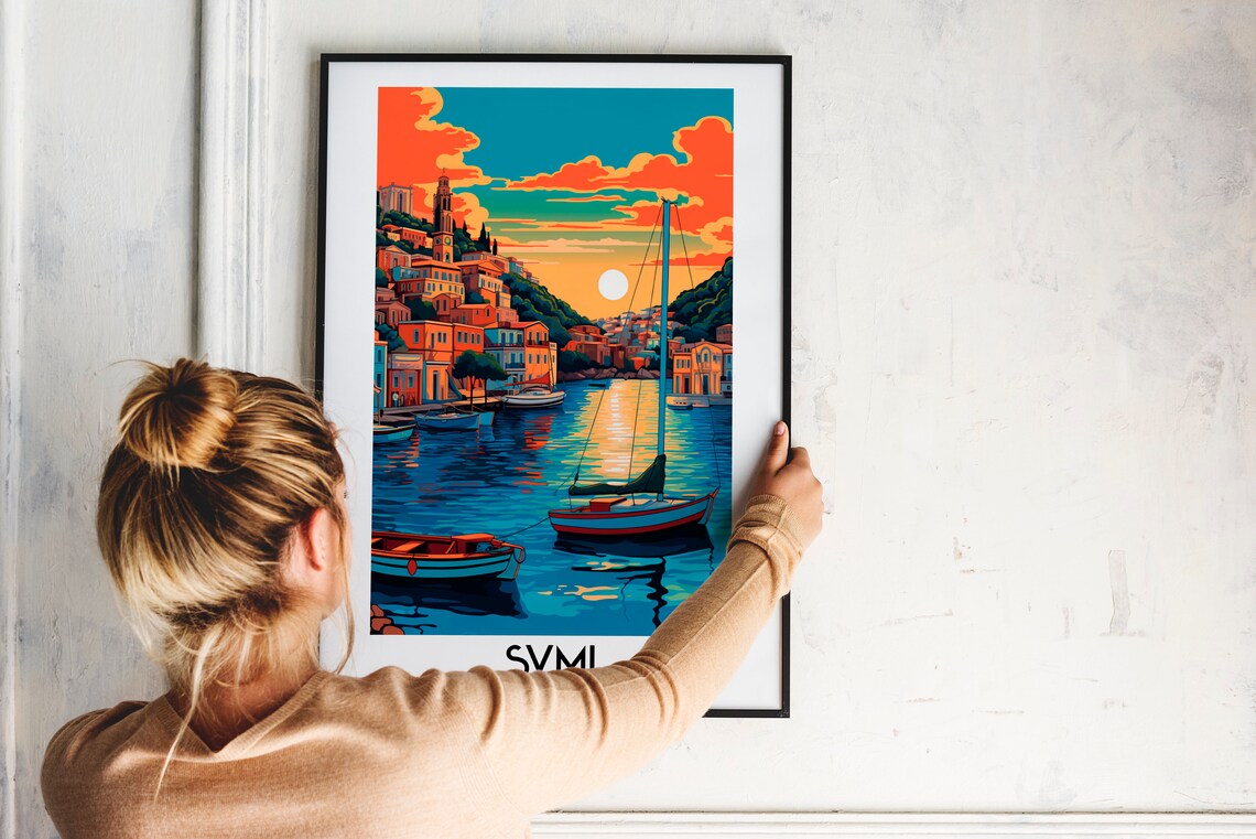 Symi Greece Harbor Sunset Sailboats Hillside Retro Travel Poster - Image 2