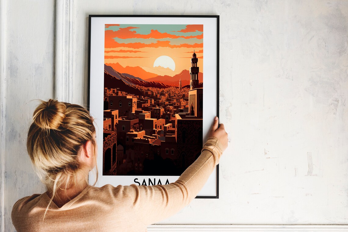 Sanaa Yemen Old City Skyline Minarets Sunset Arabian Travel Poster - Image 2
