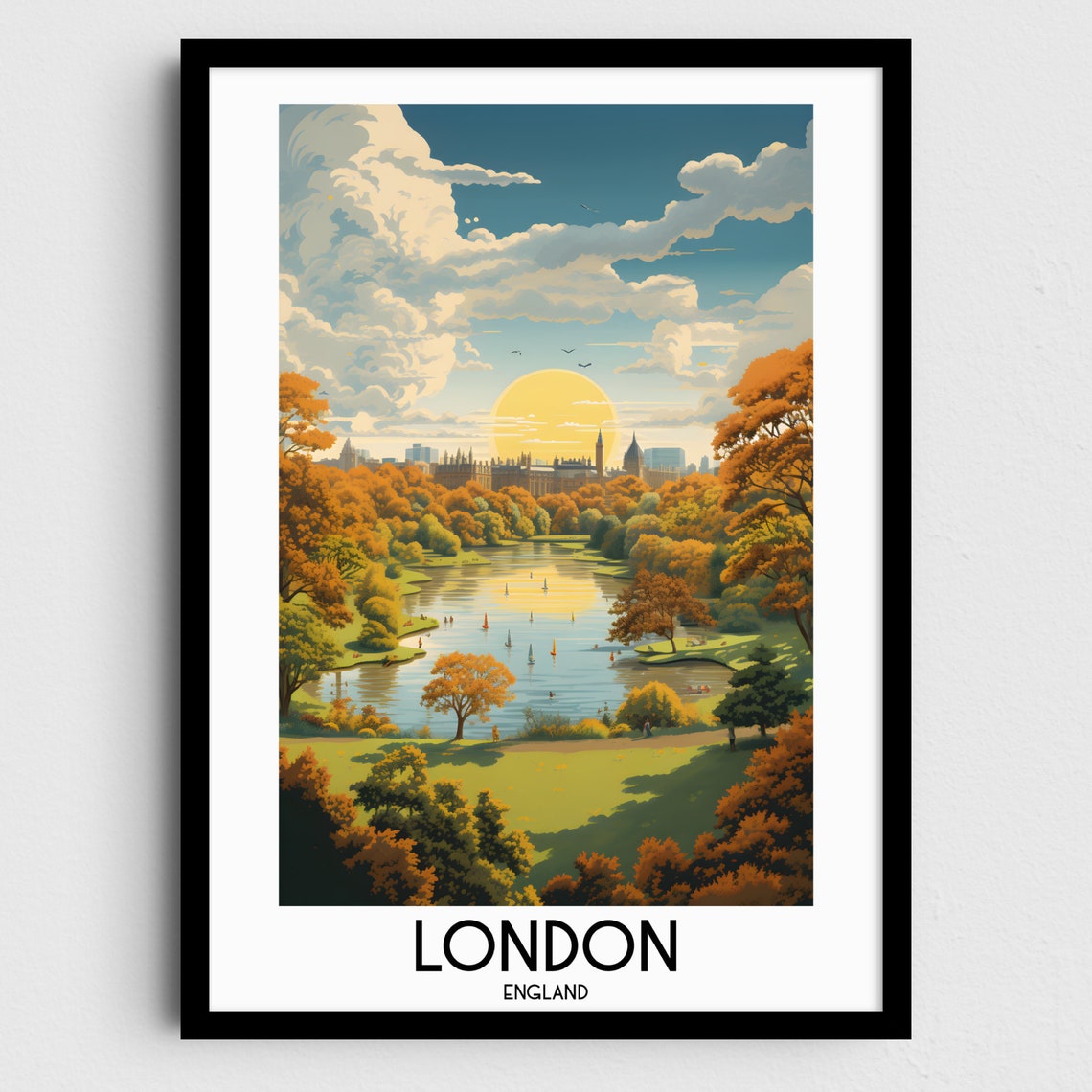 London England Autumn Park Lake Skyline Golden Light Travel Poster