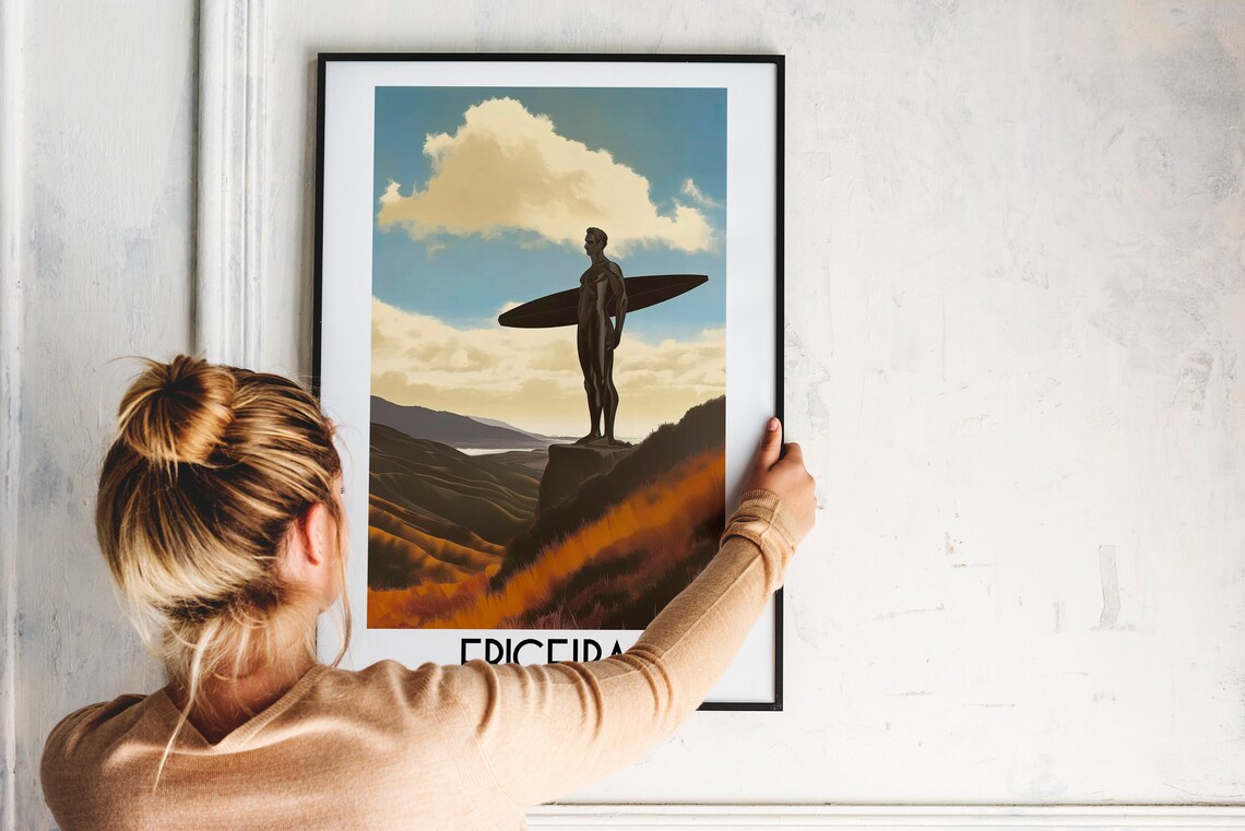 Ericeira Portugal Surfer Statue Cliff Coastal Sunset Travel Poster - Image 2