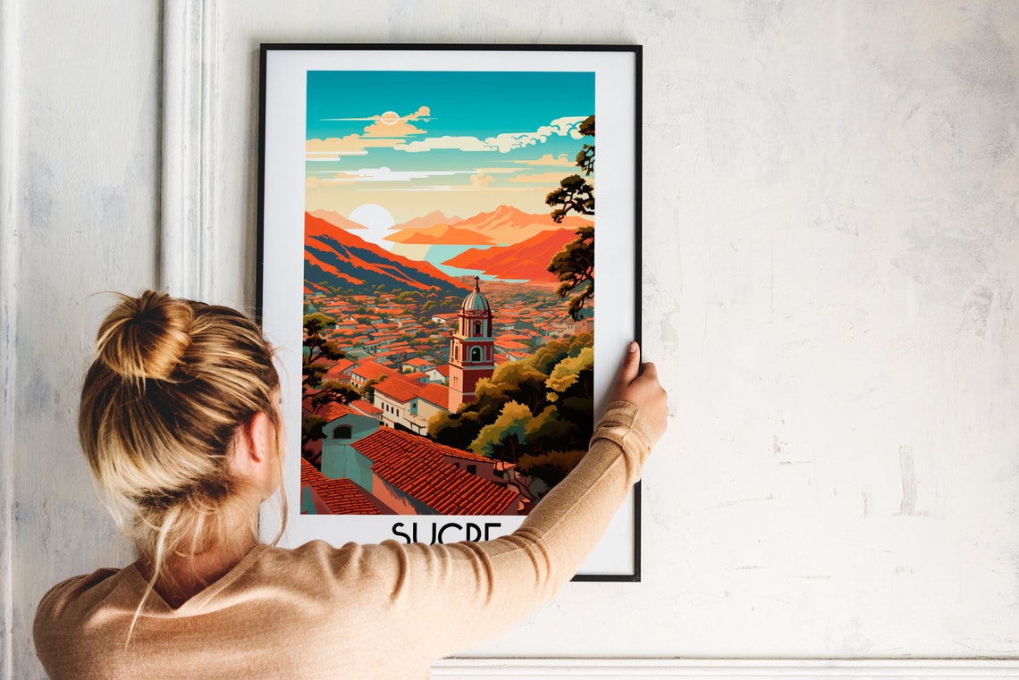 Sucre Red Rooftops Bell Tower Mountain View Bolivia Vintage Poster - Image 2