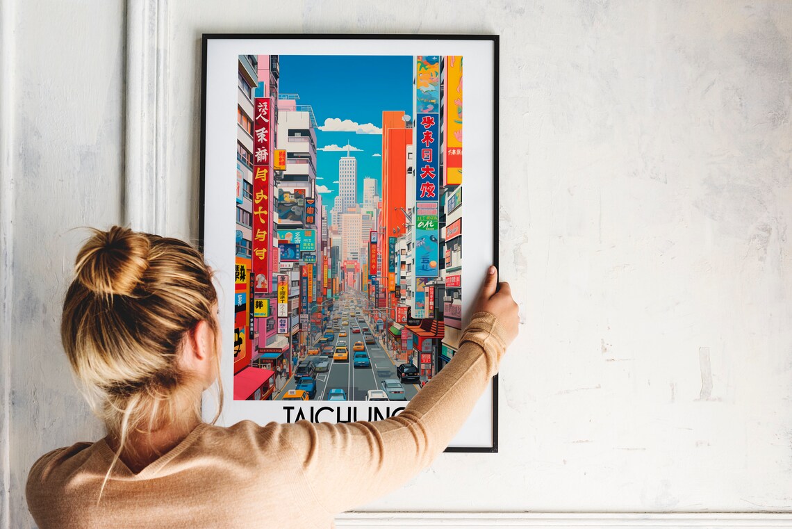 Taichung Taiwan Neon City Street Night Skyline Bustling Travel Poster - Image 2