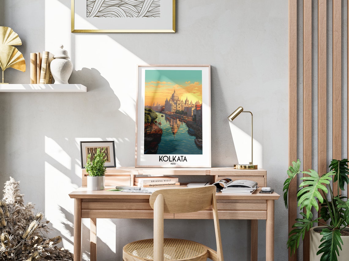Kolkata India Riverfront Historic Buildings Sunset Travel Poster - Image 3
