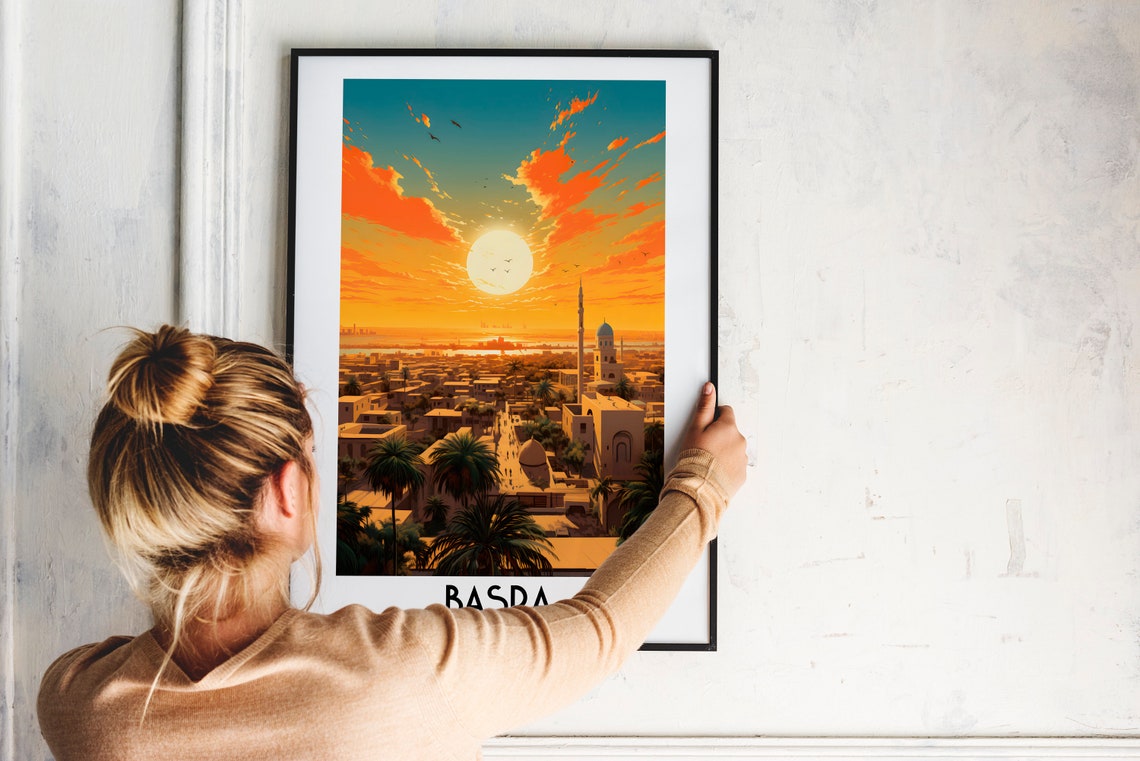 Basra Old City Minaret Domed Shrine Palms Sunset Iraq Travel Poster - Image 2