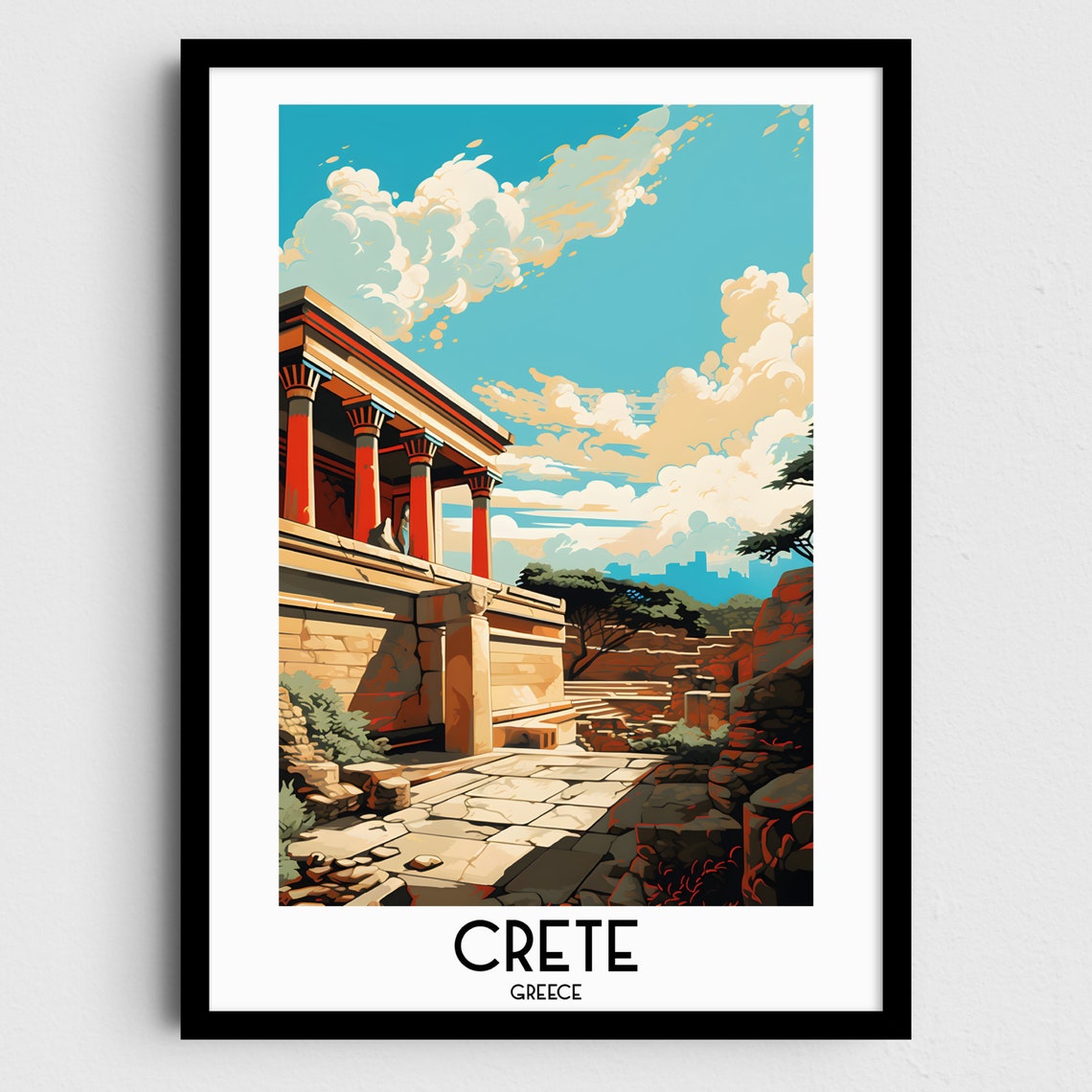 Crete Greece Ancient Ruins Red Columns History Landmark Art Poster